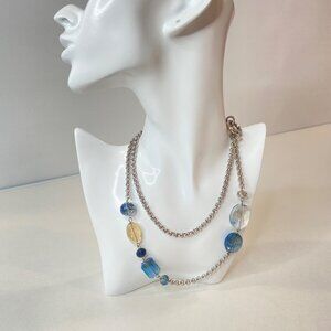 Y2K Two-Strand Silver Chain Necklace With Blue & Clear Beads 18 Inches Long